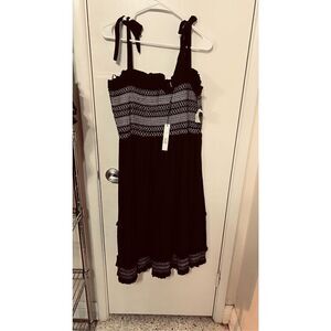 Elie Tahari Smocked Cotton Gauze Black Midi Dress Ruffle Size XL New